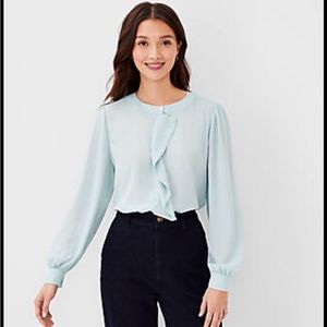 Ann Taylor Petite Mixed Media Draped Top XS mint sea foam